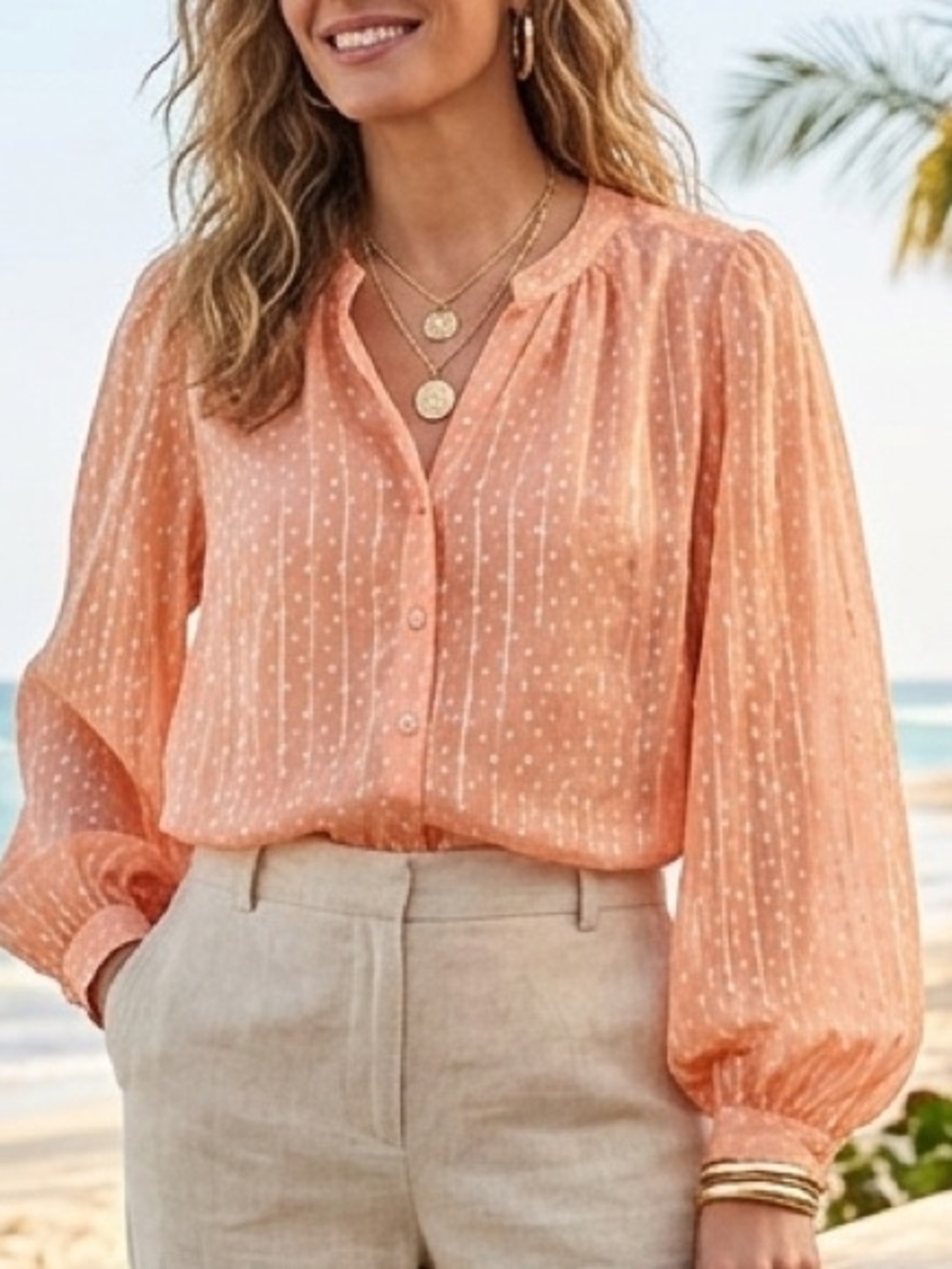 Chicos 2 (12) Balloon Sleeves Chiffon Shirt Soft Orange Polka Dot Print $99